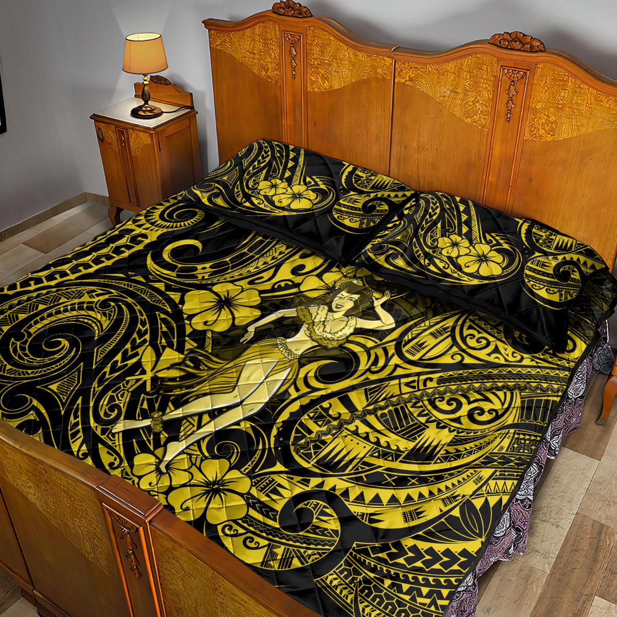 Hawaii Hula Girl Quilt Bed Set Hibiscus Hawaii Tribal Tattoo Yellow Version - Wonder Print Shop