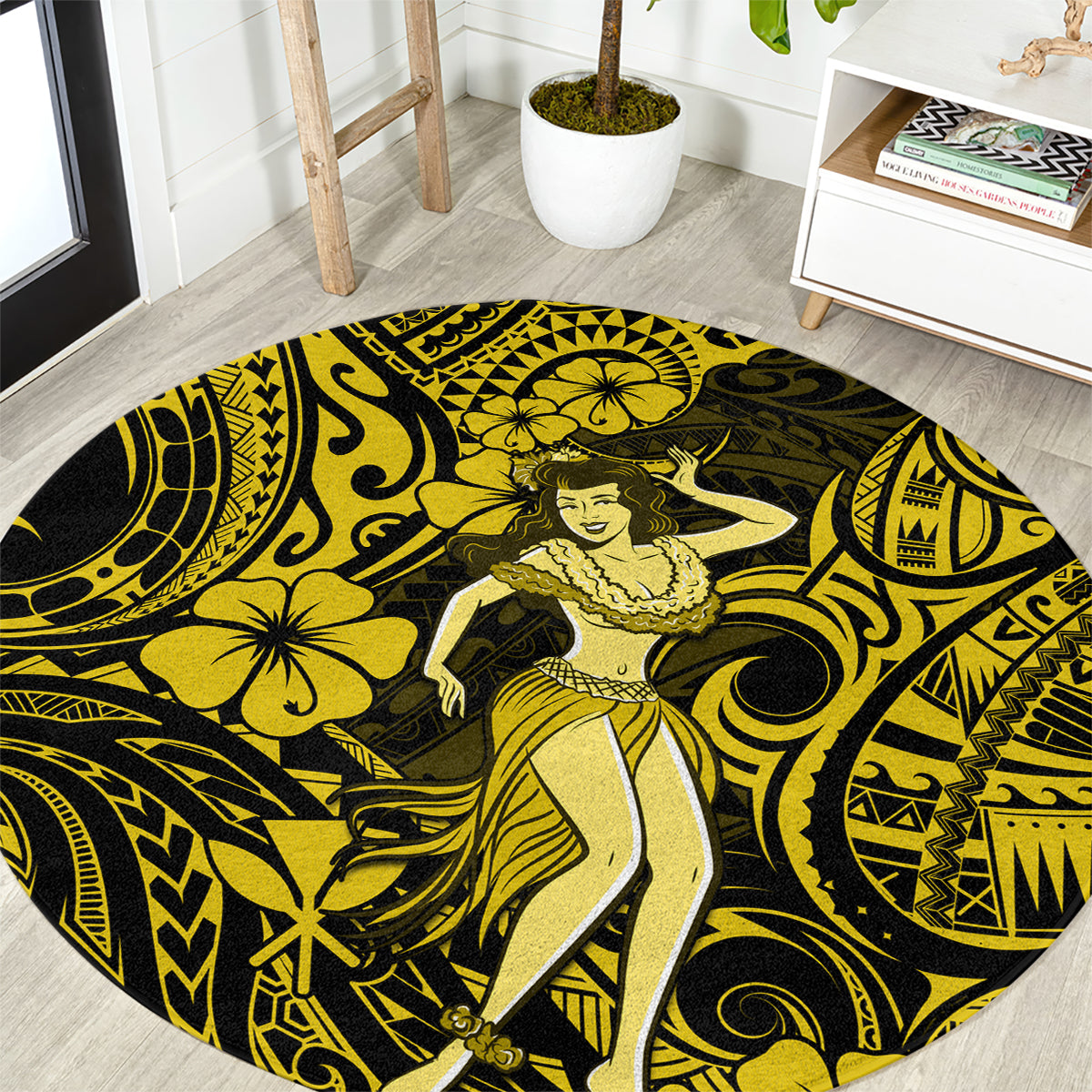 hawaii-hula-girl-round-carpet-hibiscus-hawaii-tribal-tattoo-yellow-version