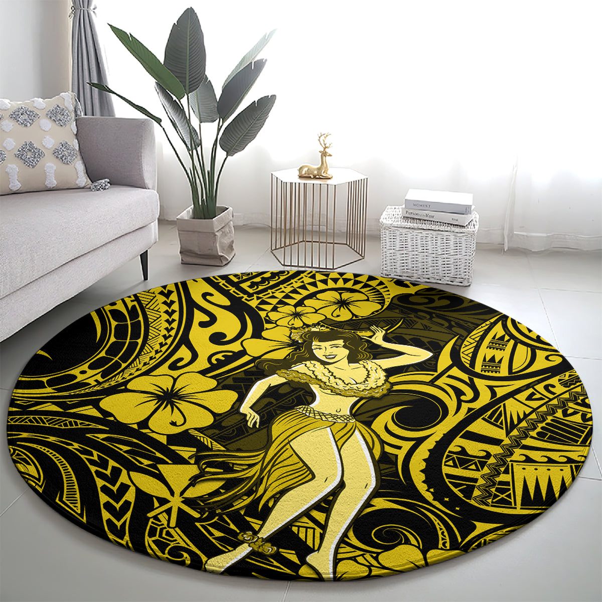 hawaii-hula-girl-round-carpet-hibiscus-hawaii-tribal-tattoo-yellow-version