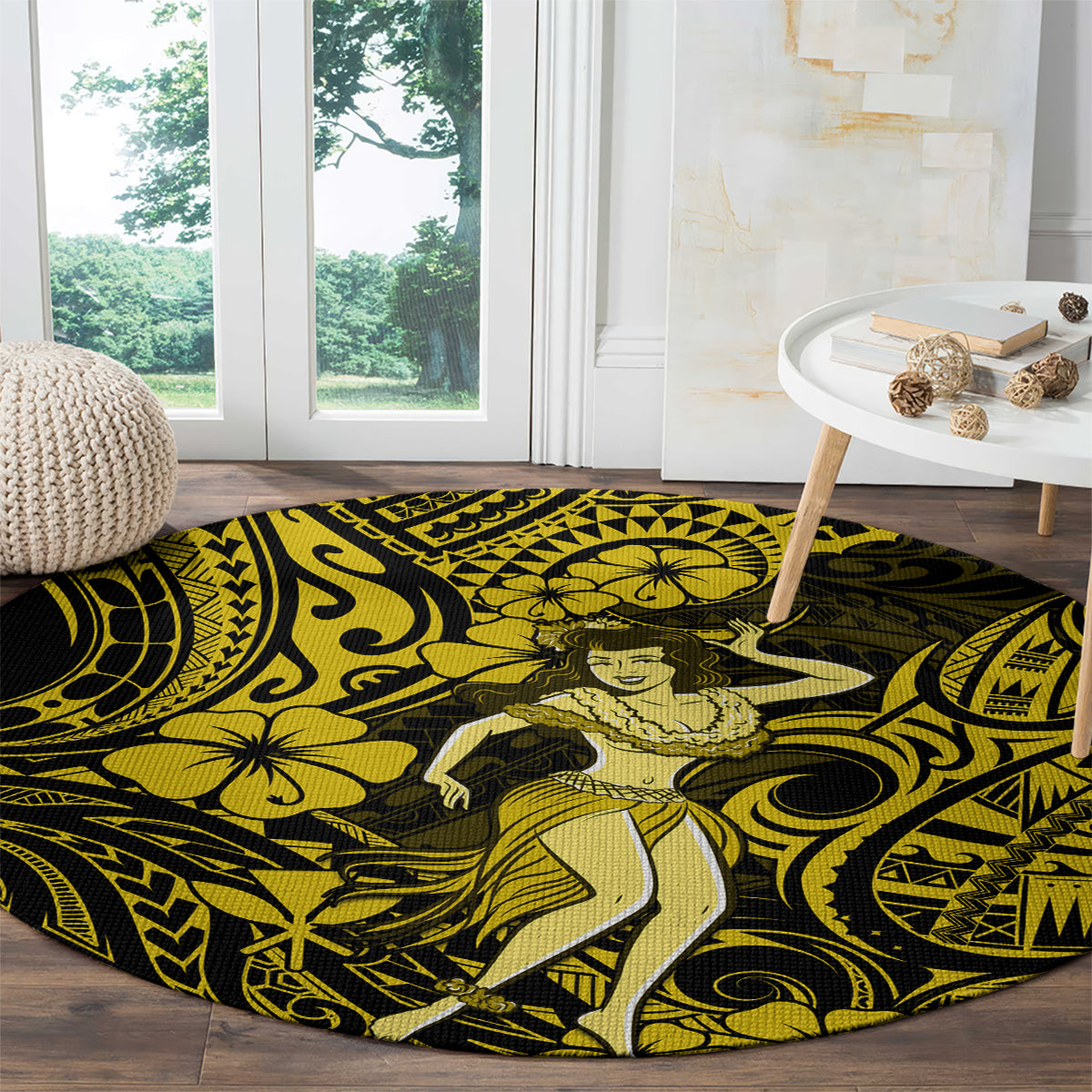 hawaii-hula-girl-round-carpet-hibiscus-hawaii-tribal-tattoo-yellow-version