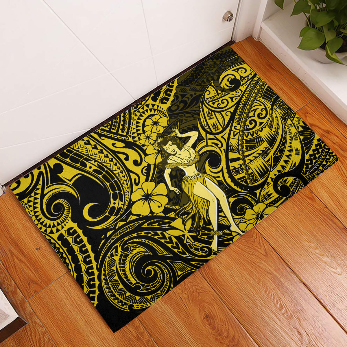 Hawaii Hula Girl Rubber Doormat Hibiscus Hawaii Tribal Tattoo Yellow Version - Wonder Print Shop