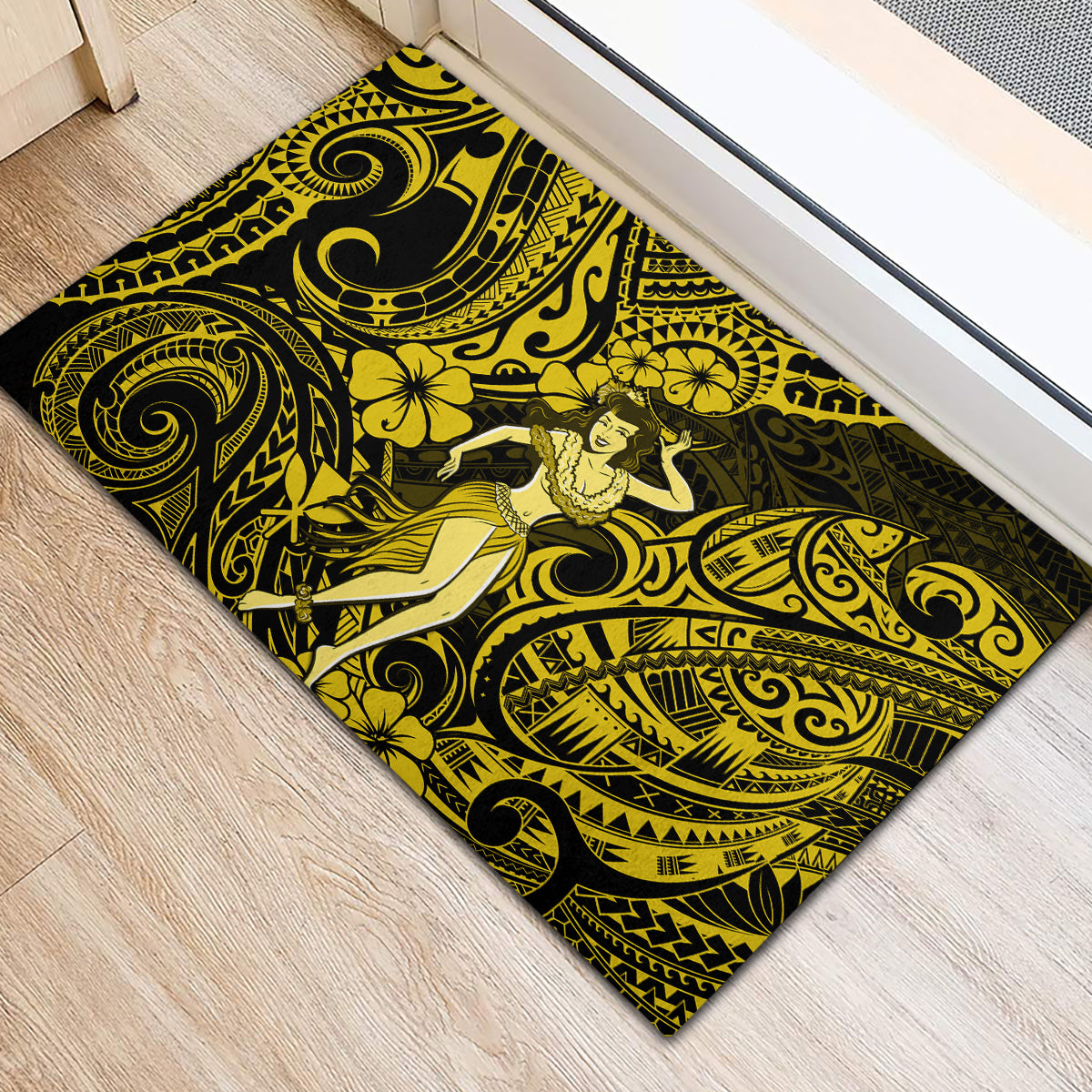 Hawaii Hula Girl Rubber Doormat Hibiscus Hawaii Tribal Tattoo Yellow Version - Wonder Print Shop