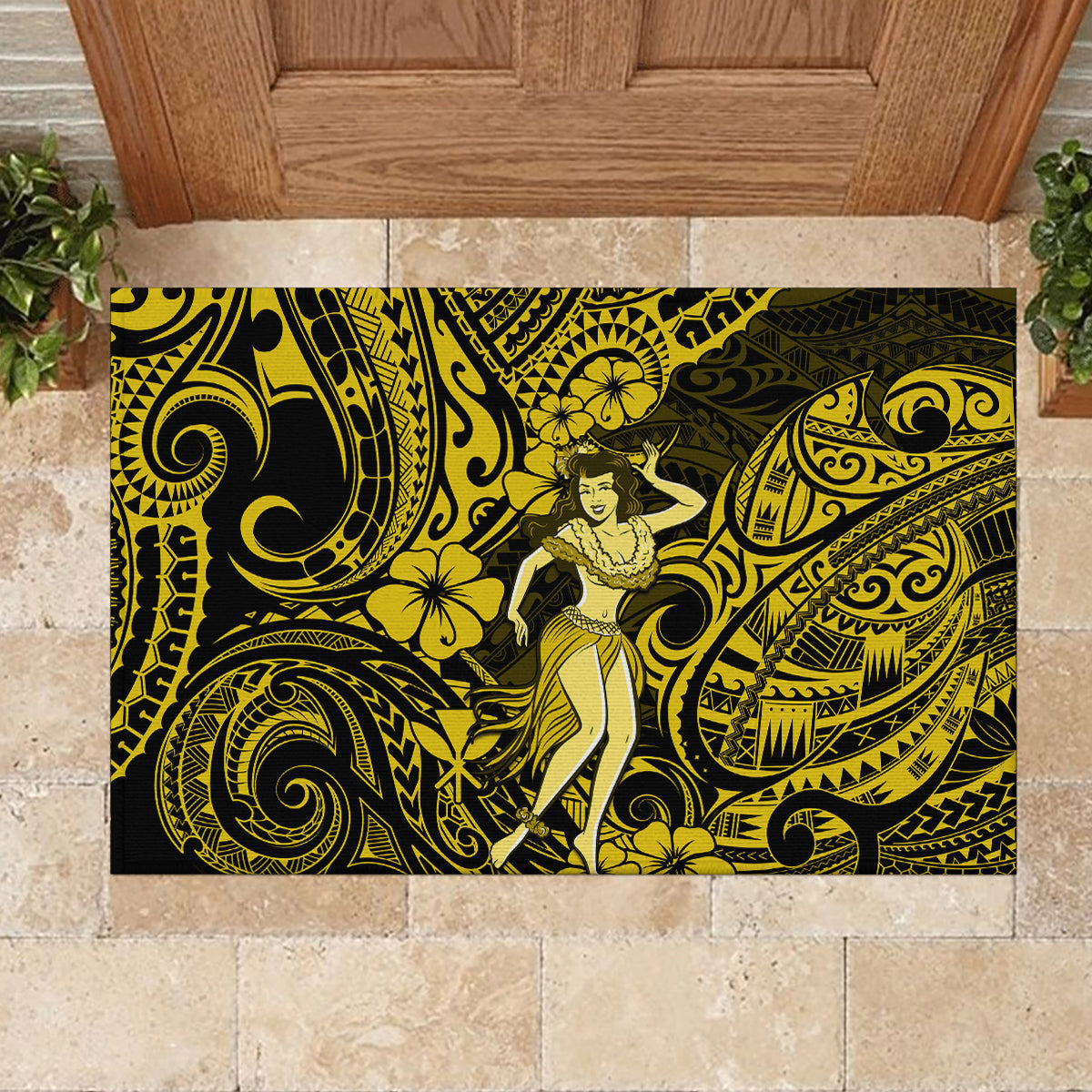 Hawaii Hula Girl Rubber Doormat Hibiscus Hawaii Tribal Tattoo Yellow Version - Wonder Print Shop