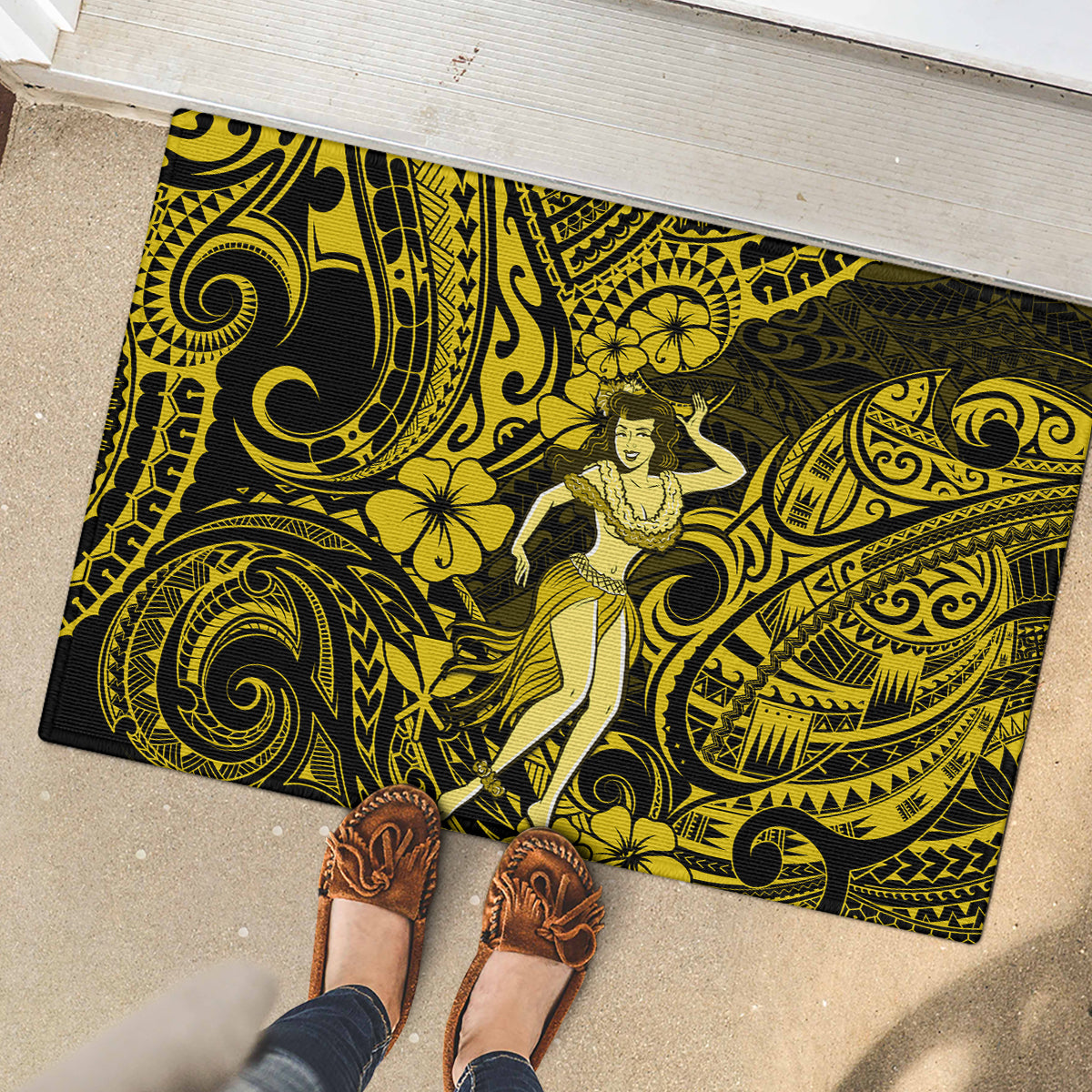 Hawaii Hula Girl Rubber Doormat Hibiscus Hawaii Tribal Tattoo Yellow Version - Wonder Print Shop