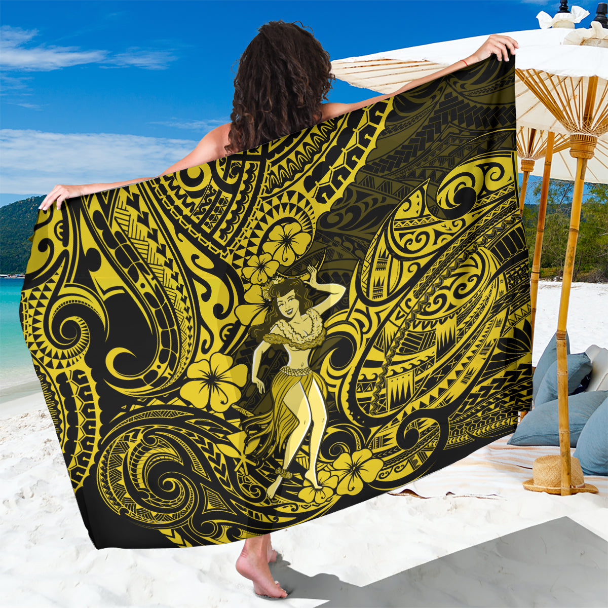 Hawaii Hula Girl Sarong Hibiscus Hawaii Tribal Tattoo Yellow Version - Wonder Print Shop