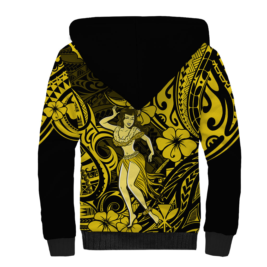 Hawaii Hula Girl Sherpa Hoodie Hibiscus Hawaii Tribal Tattoo Yellow Version - Wonder Print Shop