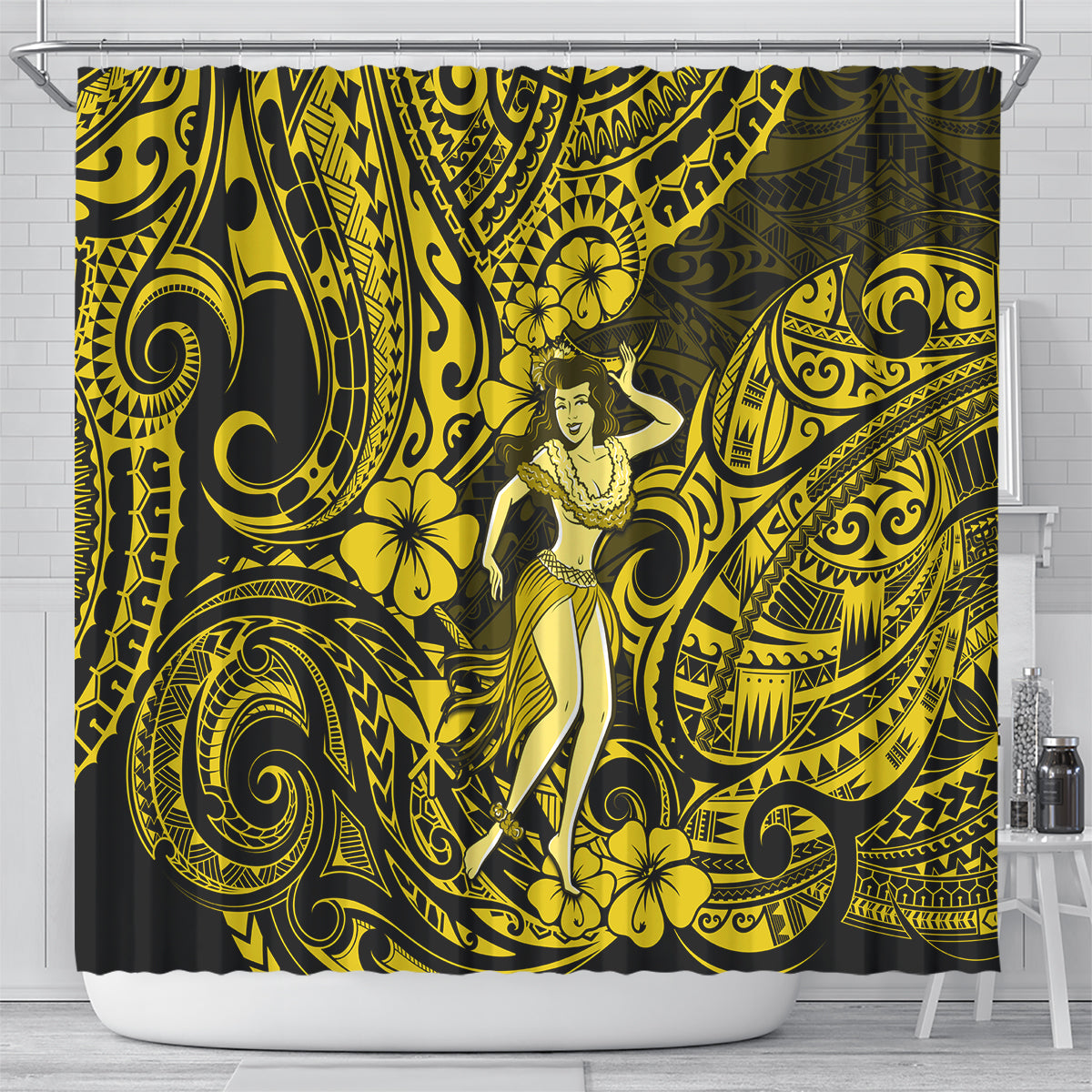 hawaii-hula-girl-shower-curtain-hibiscus-hawaii-tribal-tattoo-yellow-version