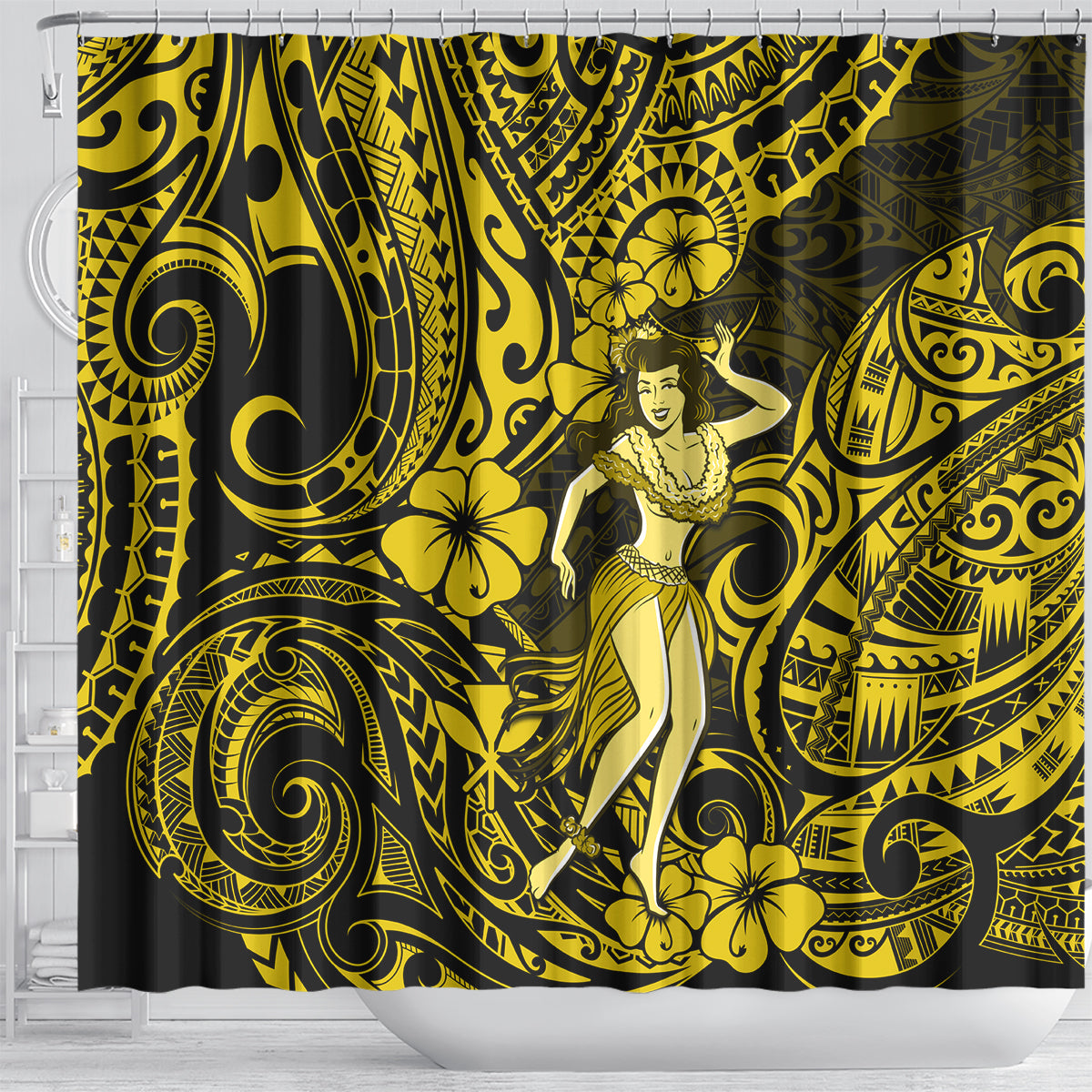 hawaii-hula-girl-shower-curtain-hibiscus-hawaii-tribal-tattoo-yellow-version