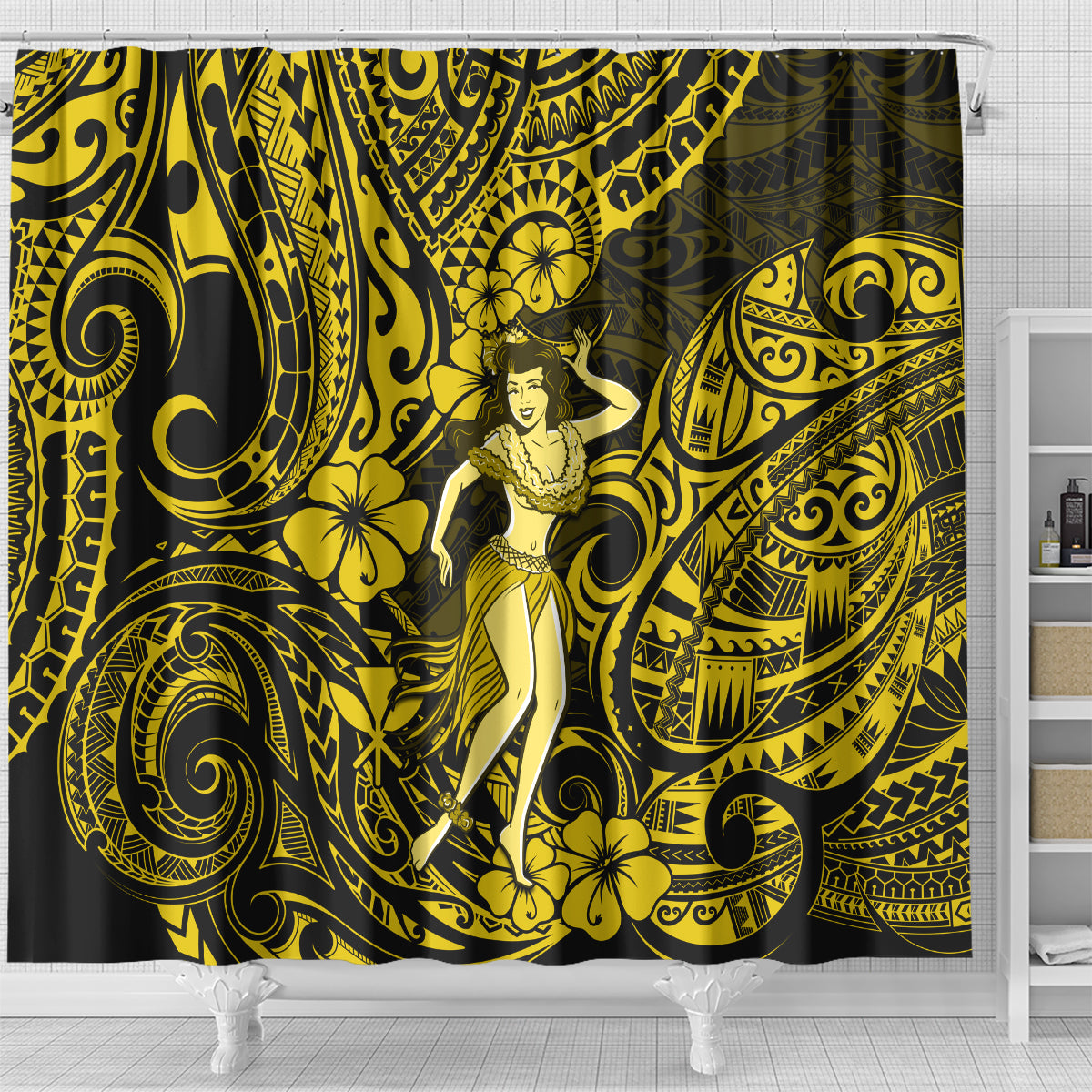 hawaii-hula-girl-shower-curtain-hibiscus-hawaii-tribal-tattoo-yellow-version