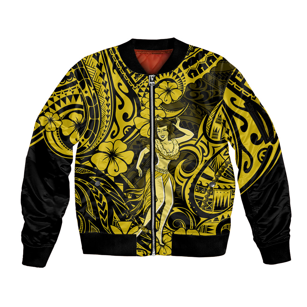 Hawaii Hula Girl Sleeve Zip Bomber Jacket Hibiscus Hawaii Tribal Tattoo Yellow Version - Wonder Print Shop