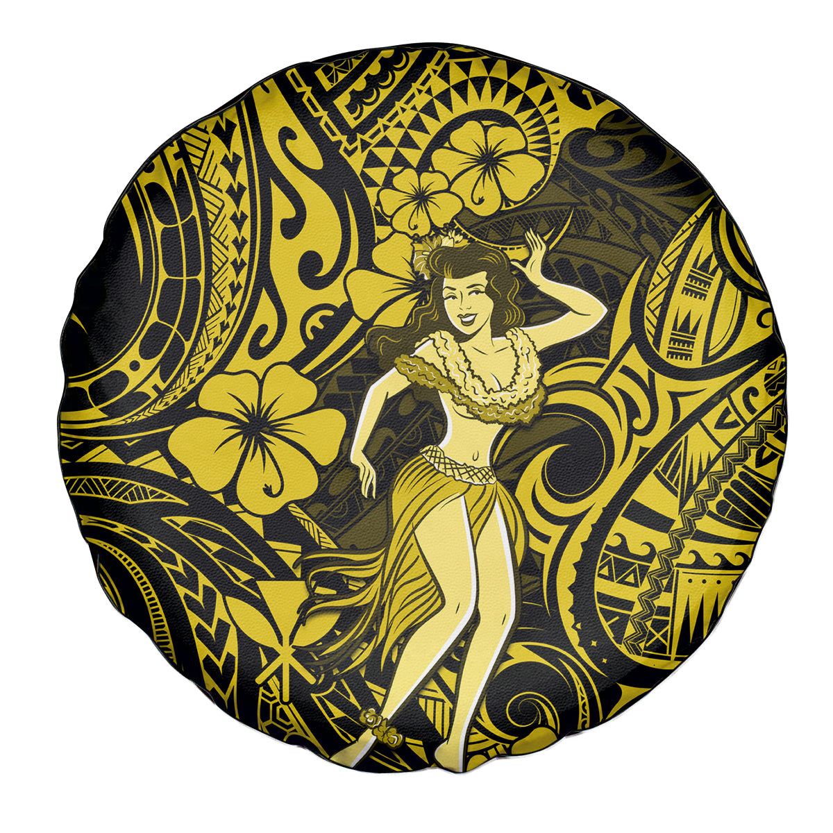 Hawaii Hula Girl Spare Tire Cover Hibiscus Hawaii Tribal Tattoo Yellow Version - Wonder Print Shop