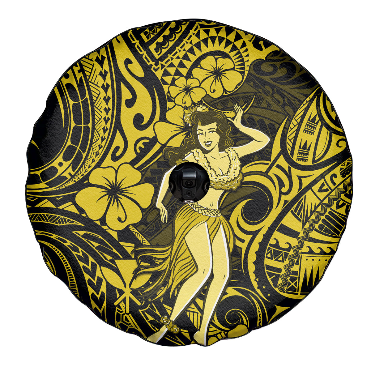 Hawaii Hula Girl Spare Tire Cover Hibiscus Hawaii Tribal Tattoo Yellow Version - Wonder Print Shop