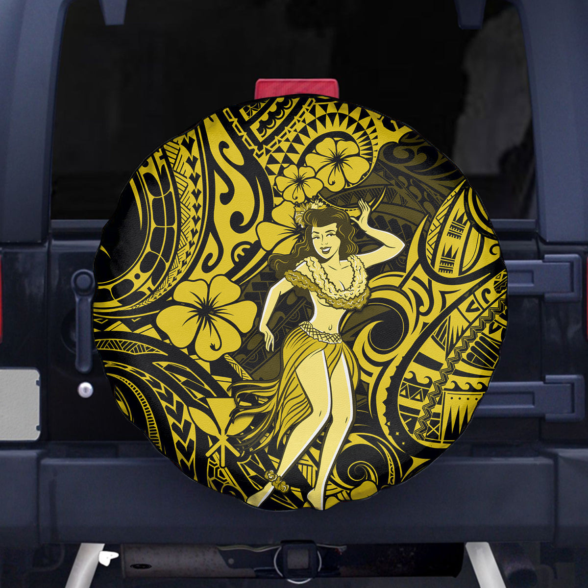 Hawaii Hula Girl Spare Tire Cover Hibiscus Hawaii Tribal Tattoo Yellow Version - Wonder Print Shop