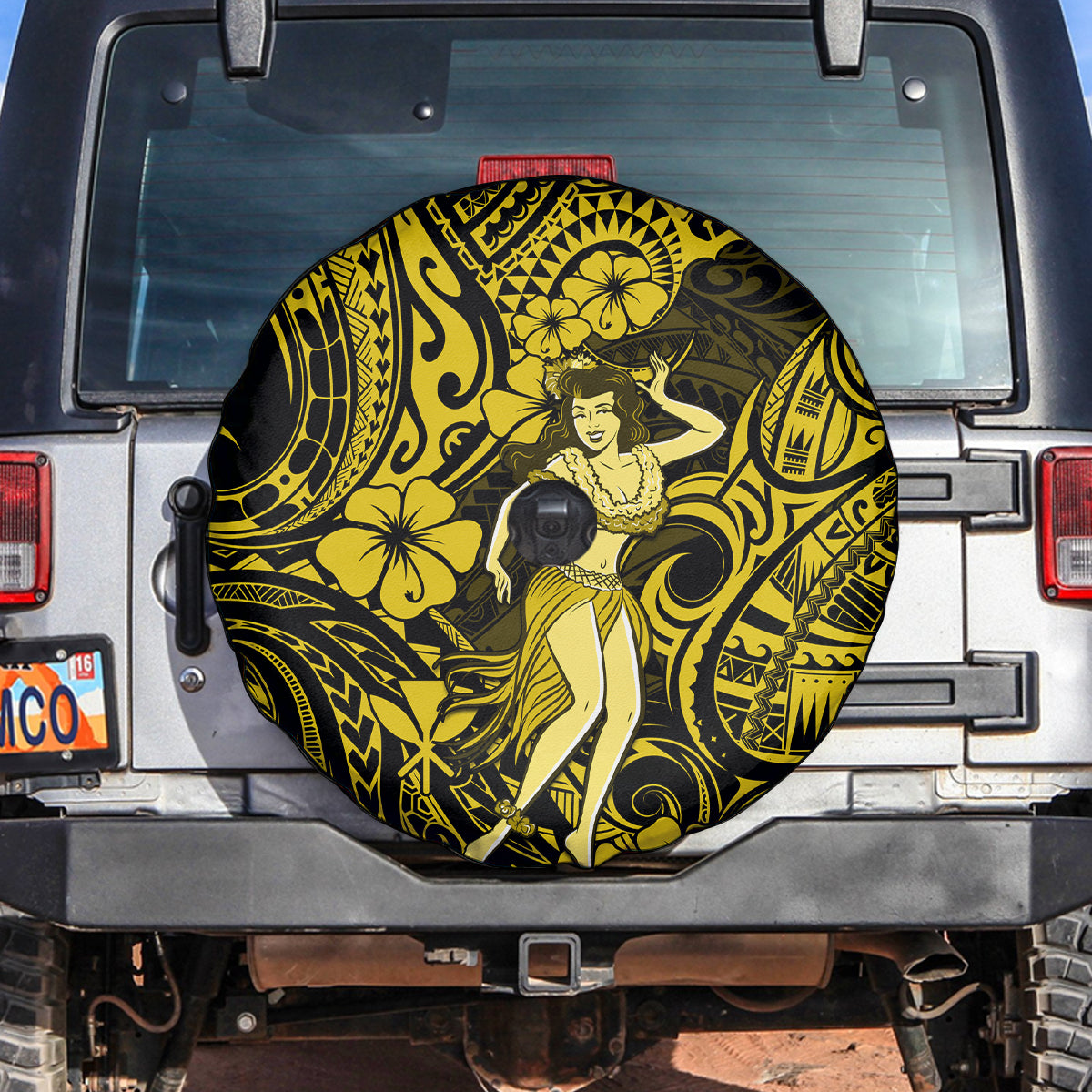 Hawaii Hula Girl Spare Tire Cover Hibiscus Hawaii Tribal Tattoo Yellow Version - Wonder Print Shop