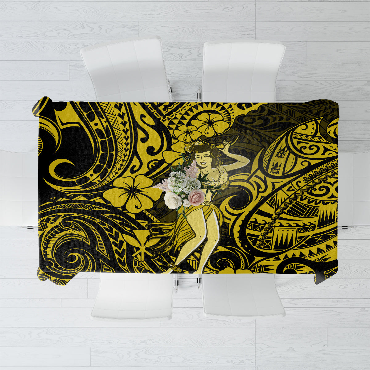 Hawaii Hula Girl Tablecloth Hibiscus Hawaii Tribal Tattoo Yellow Version - Wonder Print Shop