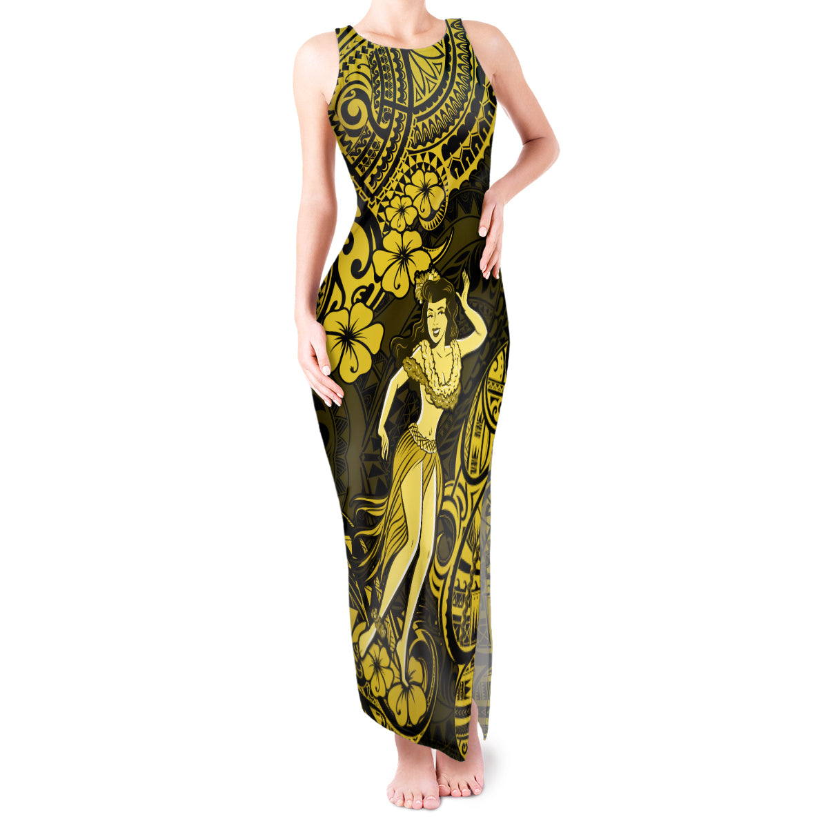Hawaii Hula Girl Tank Maxi Dress Hibiscus Hawaii Tribal Tattoo Yellow Version - Wonder Print Shop