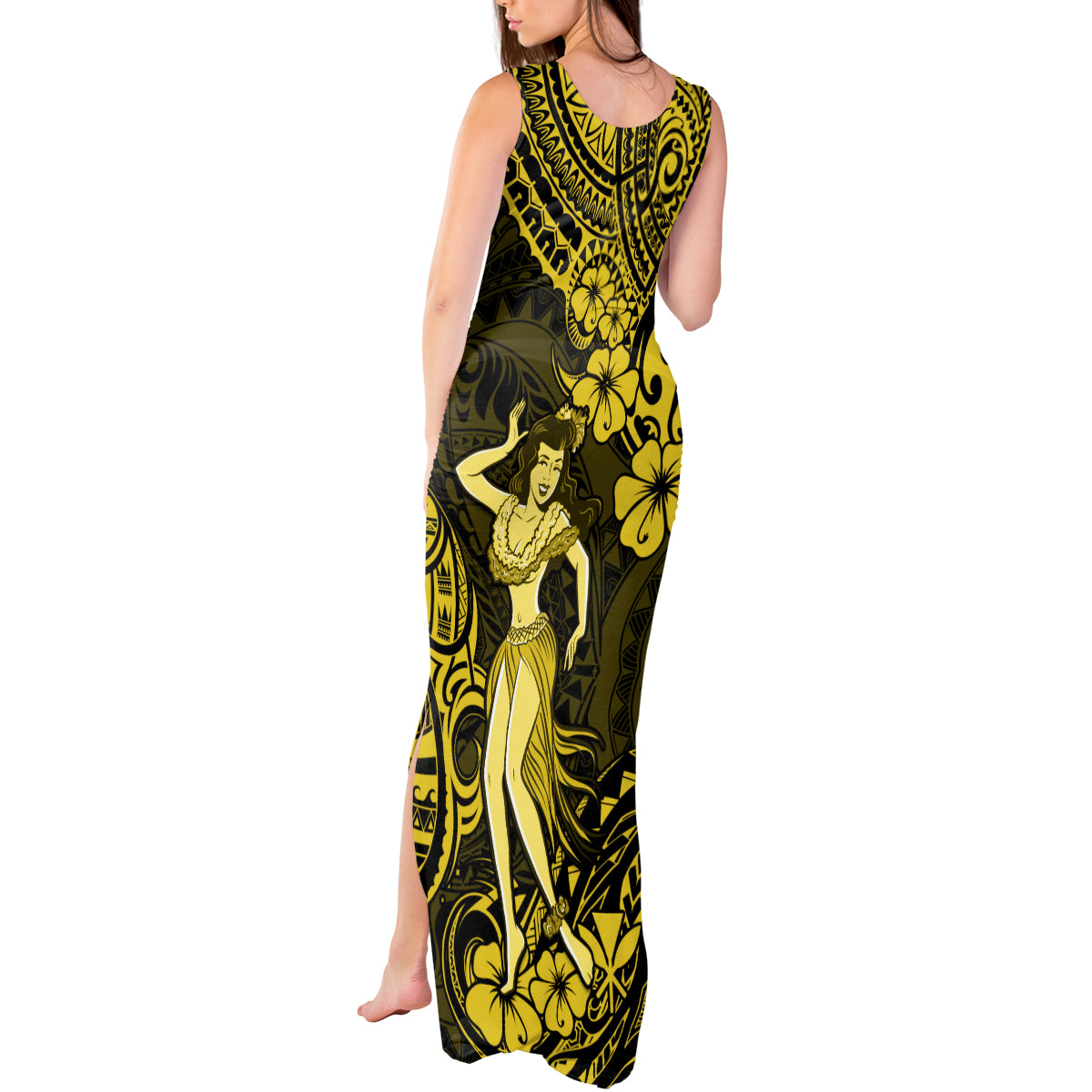 Hawaii Hula Girl Tank Maxi Dress Hibiscus Hawaii Tribal Tattoo Yellow Version - Wonder Print Shop