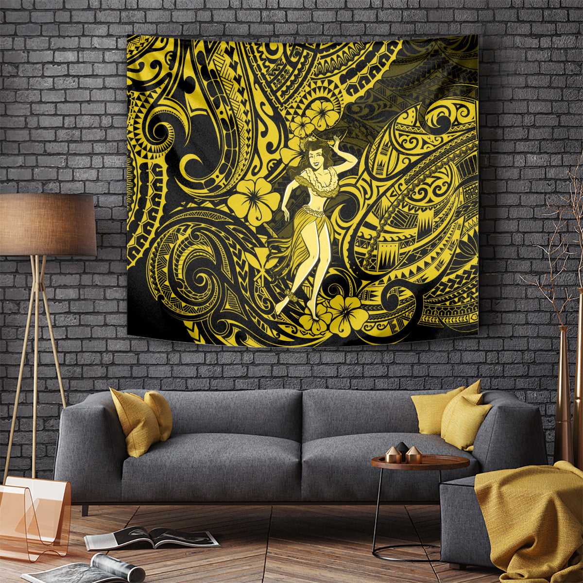 Hawaii Hula Girl Tapestry Hibiscus Hawaii Tribal Tattoo Yellow Version - Wonder Print Shop