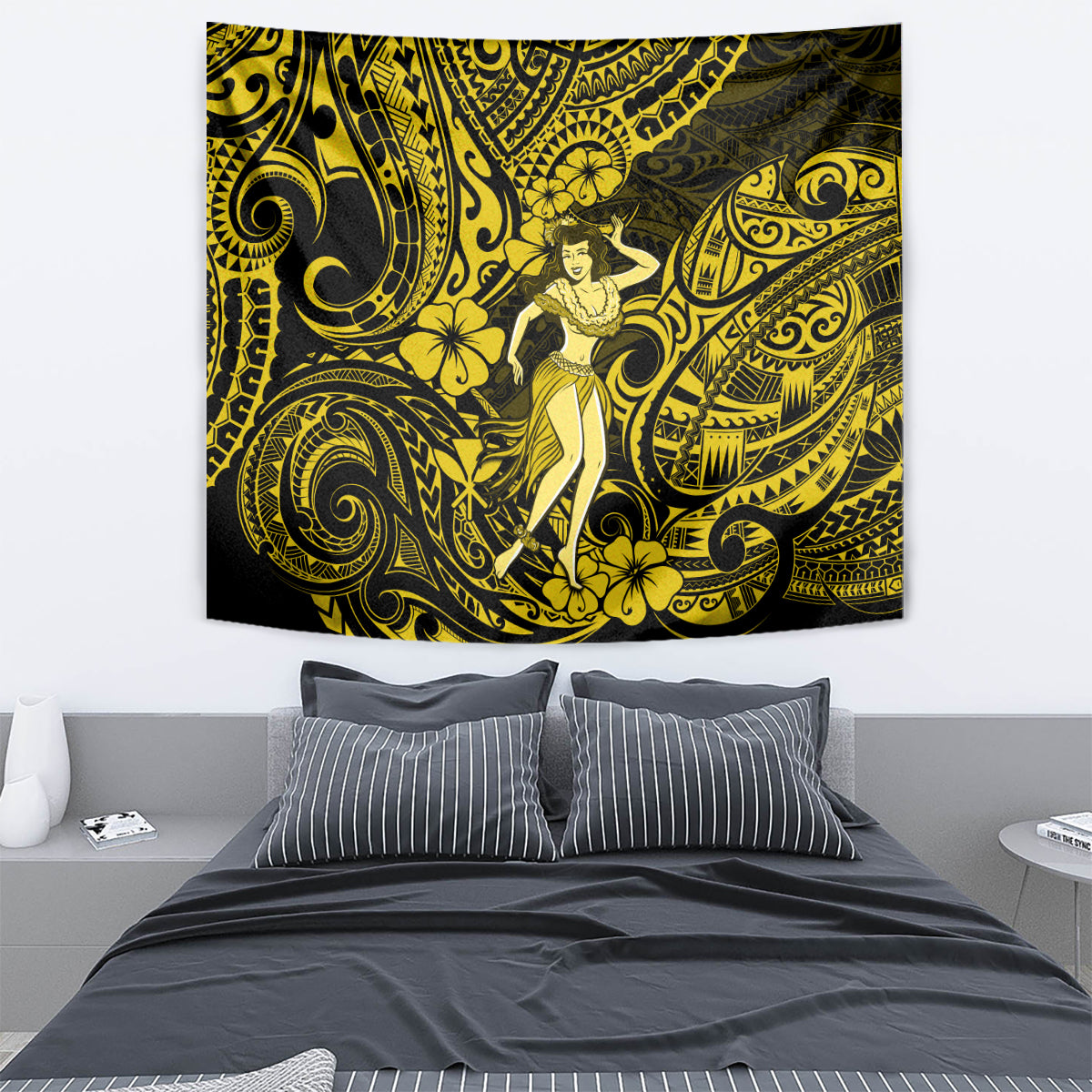Hawaii Hula Girl Tapestry Hibiscus Hawaii Tribal Tattoo Yellow Version - Wonder Print Shop