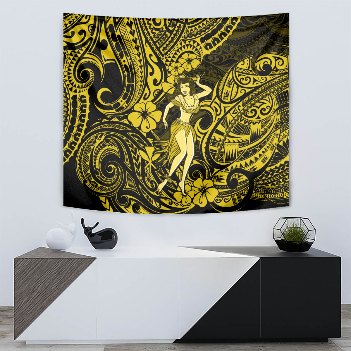 Hawaii Hula Girl Tapestry Hibiscus Hawaii Tribal Tattoo Yellow Version - Wonder Print Shop
