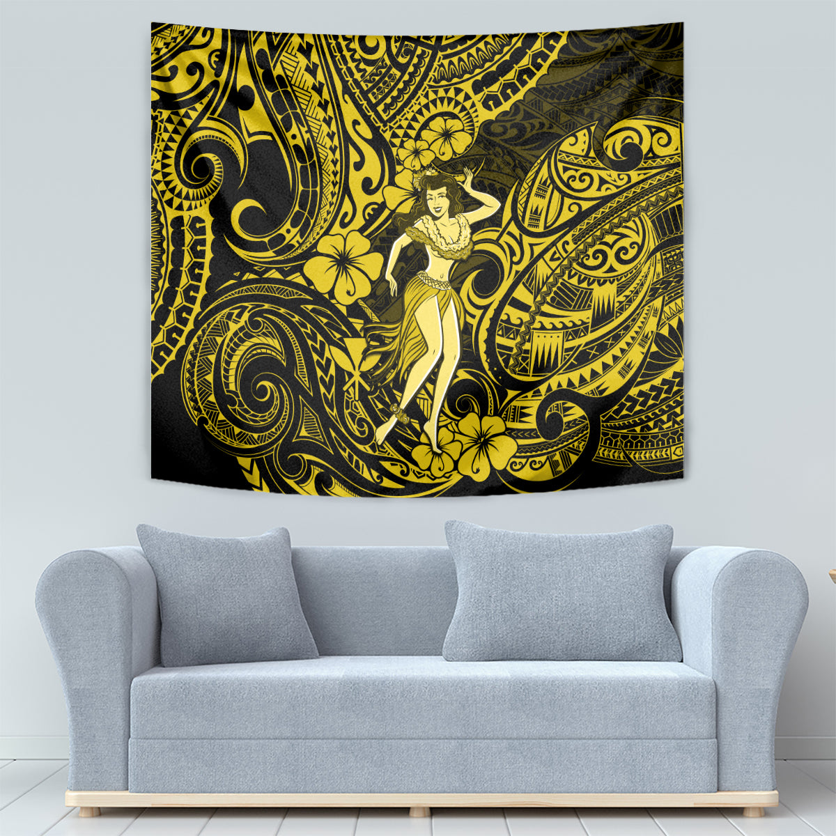 Hawaii Hula Girl Tapestry Hibiscus Hawaii Tribal Tattoo Yellow Version - Wonder Print Shop