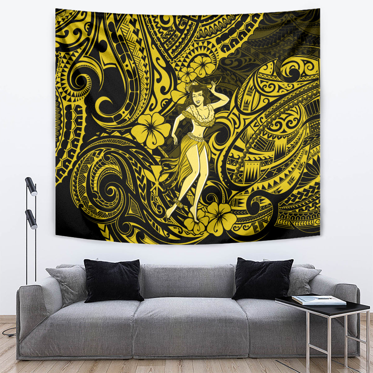 Hawaii Hula Girl Tapestry Hibiscus Hawaii Tribal Tattoo Yellow Version - Wonder Print Shop