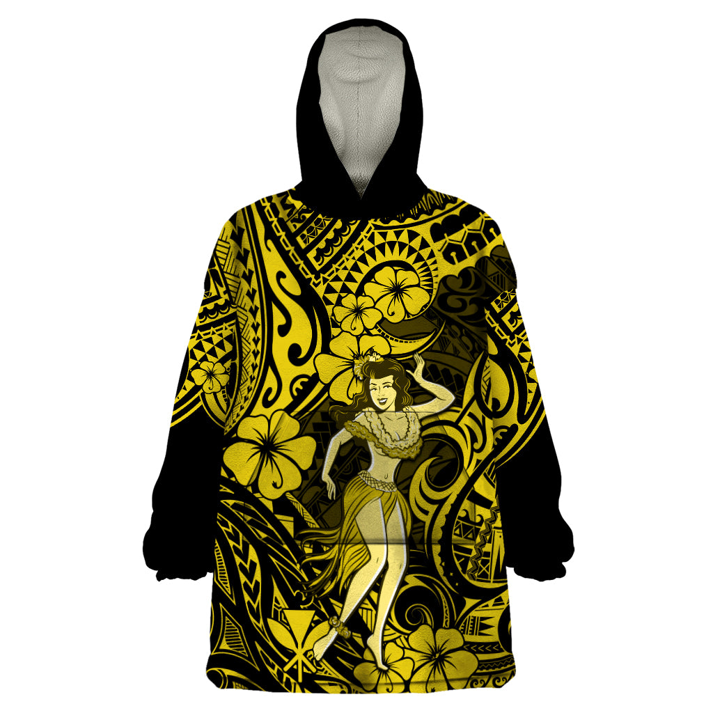 Hawaii Hula Girl Wearable Blanket Hoodie Hibiscus Hawaii Tribal Tattoo Yellow Version - Wonder Print Shop
