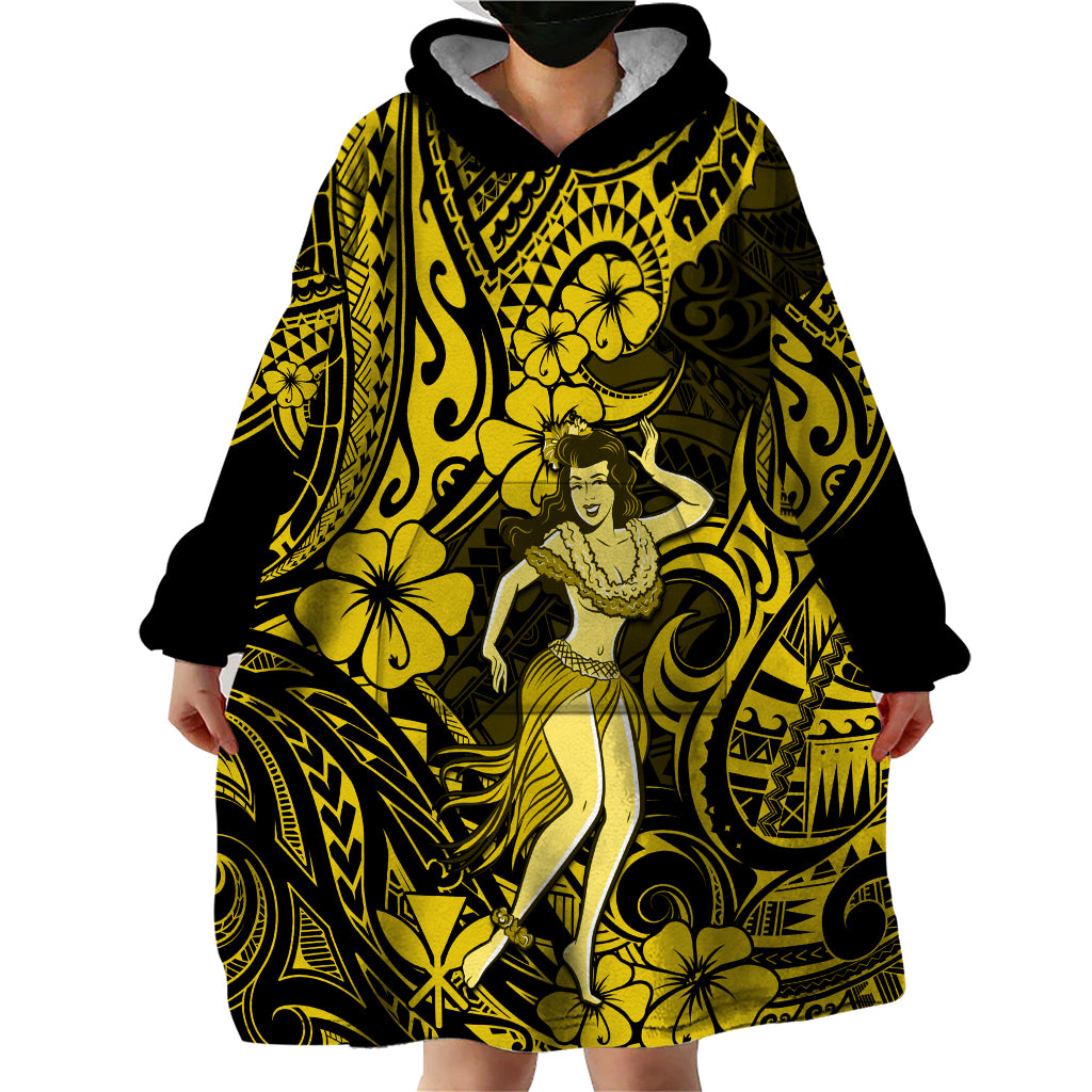 Hawaii Hula Girl Wearable Blanket Hoodie Hibiscus Hawaii Tribal Tattoo Yellow Version - Wonder Print Shop