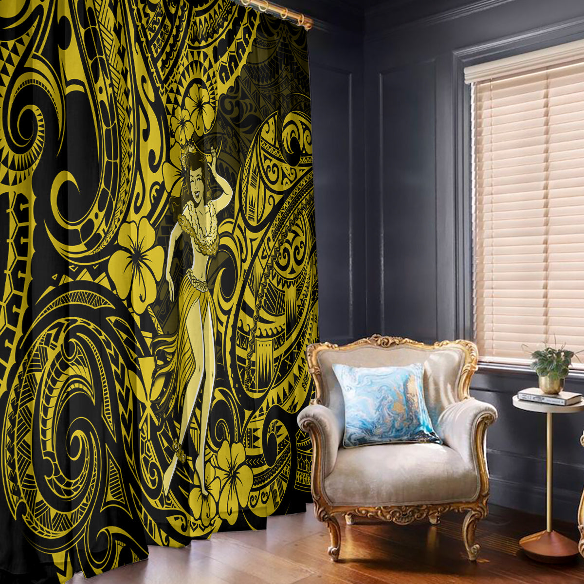 Hawaii Hula Girl Window Curtain Hibiscus Hawaii Tribal Tattoo Yellow Version - Wonder Print Shop