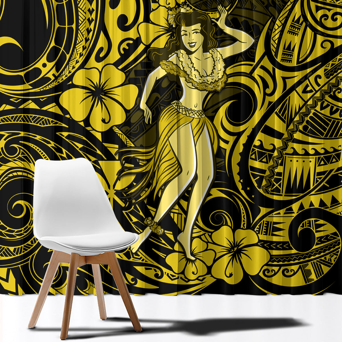 Hawaii Hula Girl Window Curtain Hibiscus Hawaii Tribal Tattoo Yellow Version - Wonder Print Shop