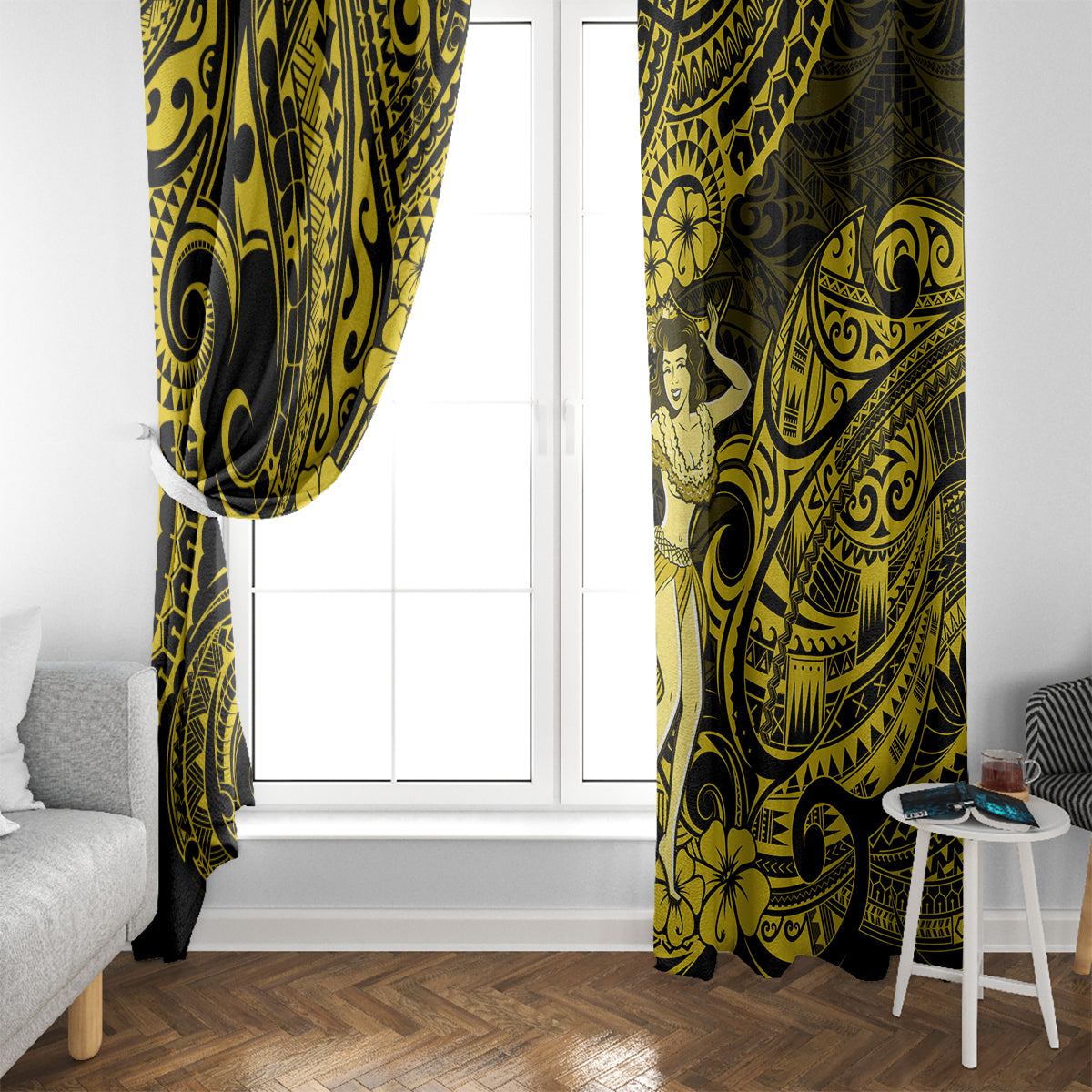 Hawaii Hula Girl Window Curtain Hibiscus Hawaii Tribal Tattoo Yellow Version - Wonder Print Shop