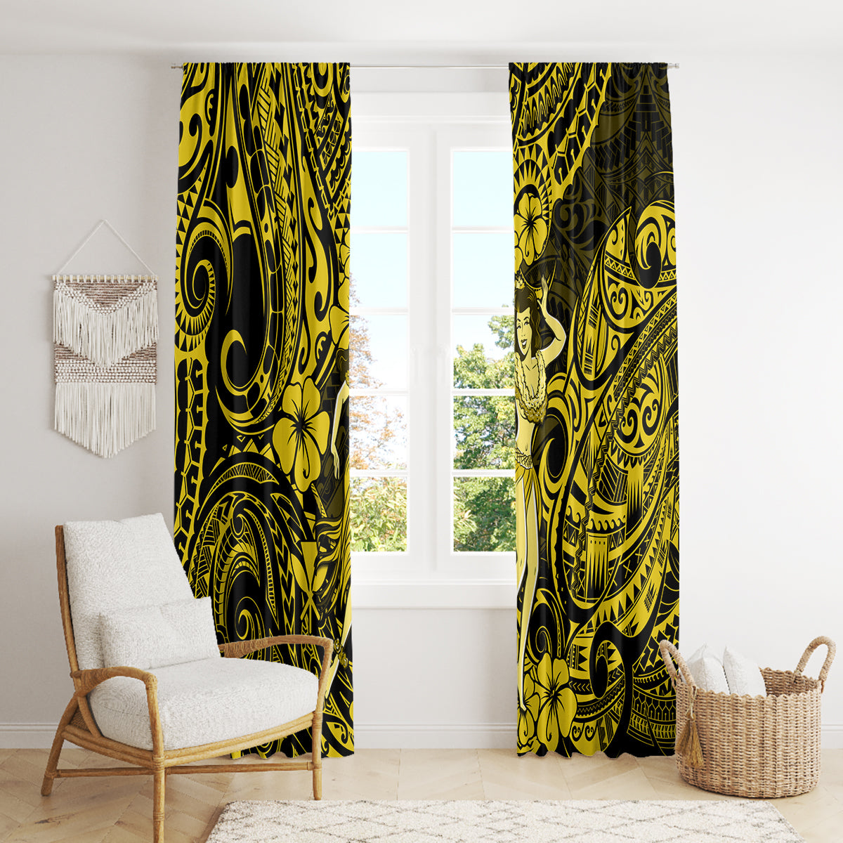 Hawaii Hula Girl Window Curtain Hibiscus Hawaii Tribal Tattoo Yellow Version - Wonder Print Shop