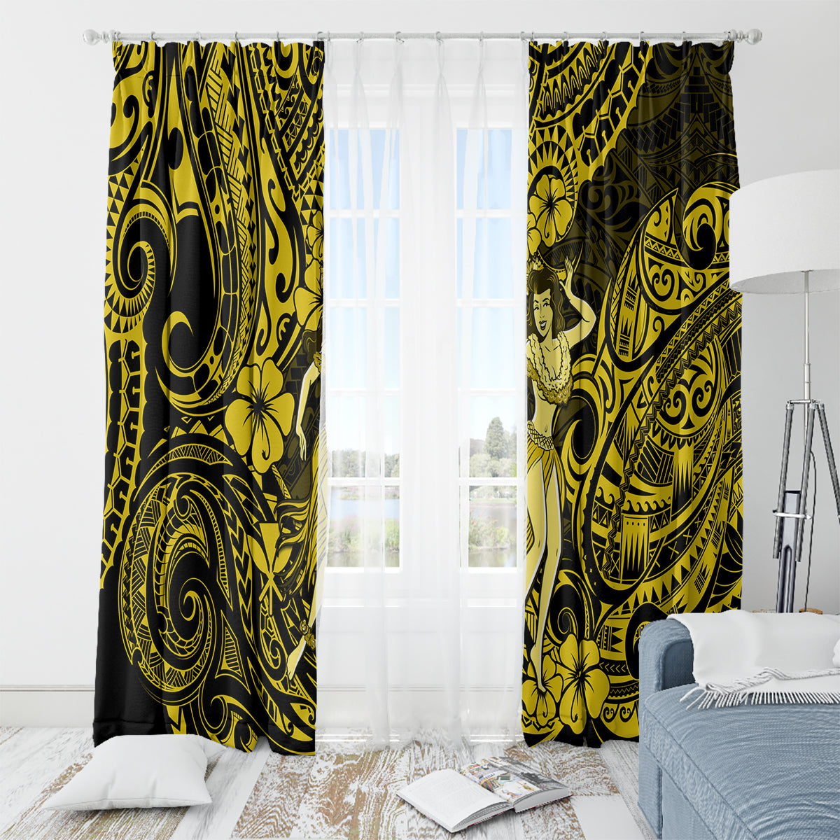 Hawaii Hula Girl Window Curtain Hibiscus Hawaii Tribal Tattoo Yellow Version - Wonder Print Shop
