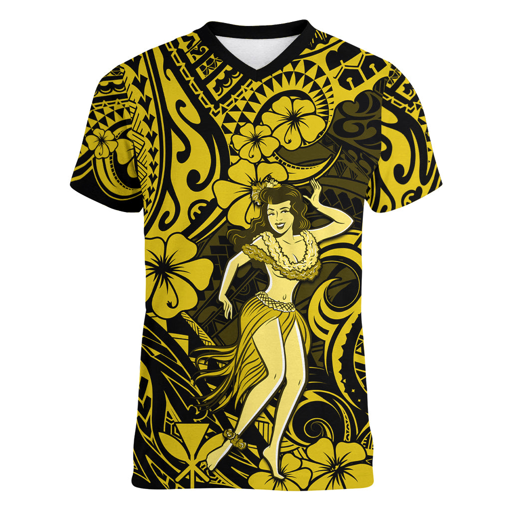 Hawaii Hula Girl Women V Neck T Shirt Hibiscus Hawaii Tribal Tattoo Yellow Version - Wonder Print Shop