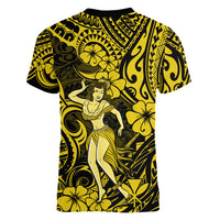 Hawaii Hula Girl Women V Neck T Shirt Hibiscus Hawaii Tribal Tattoo Yellow Version - Wonder Print Shop