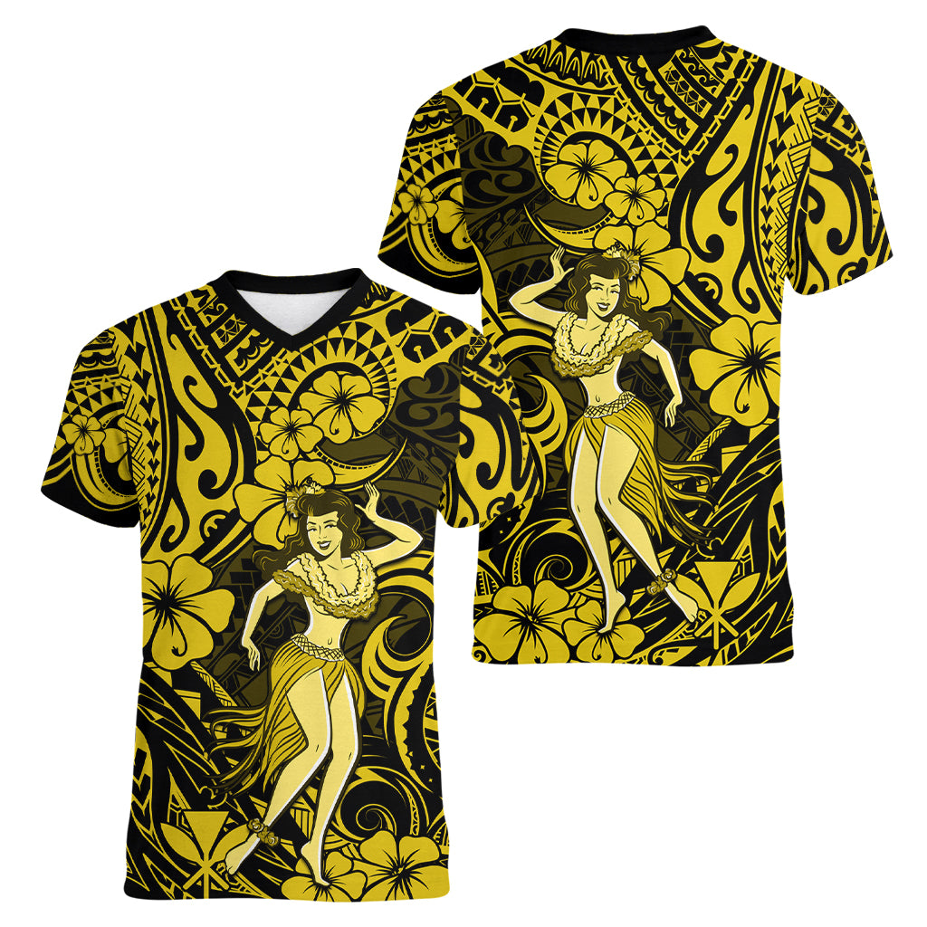 Hawaii Hula Girl Women V Neck T Shirt Hibiscus Hawaii Tribal Tattoo Yellow Version - Wonder Print Shop