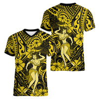 Hawaii Hula Girl Women V Neck T Shirt Hibiscus Hawaii Tribal Tattoo Yellow Version - Wonder Print Shop