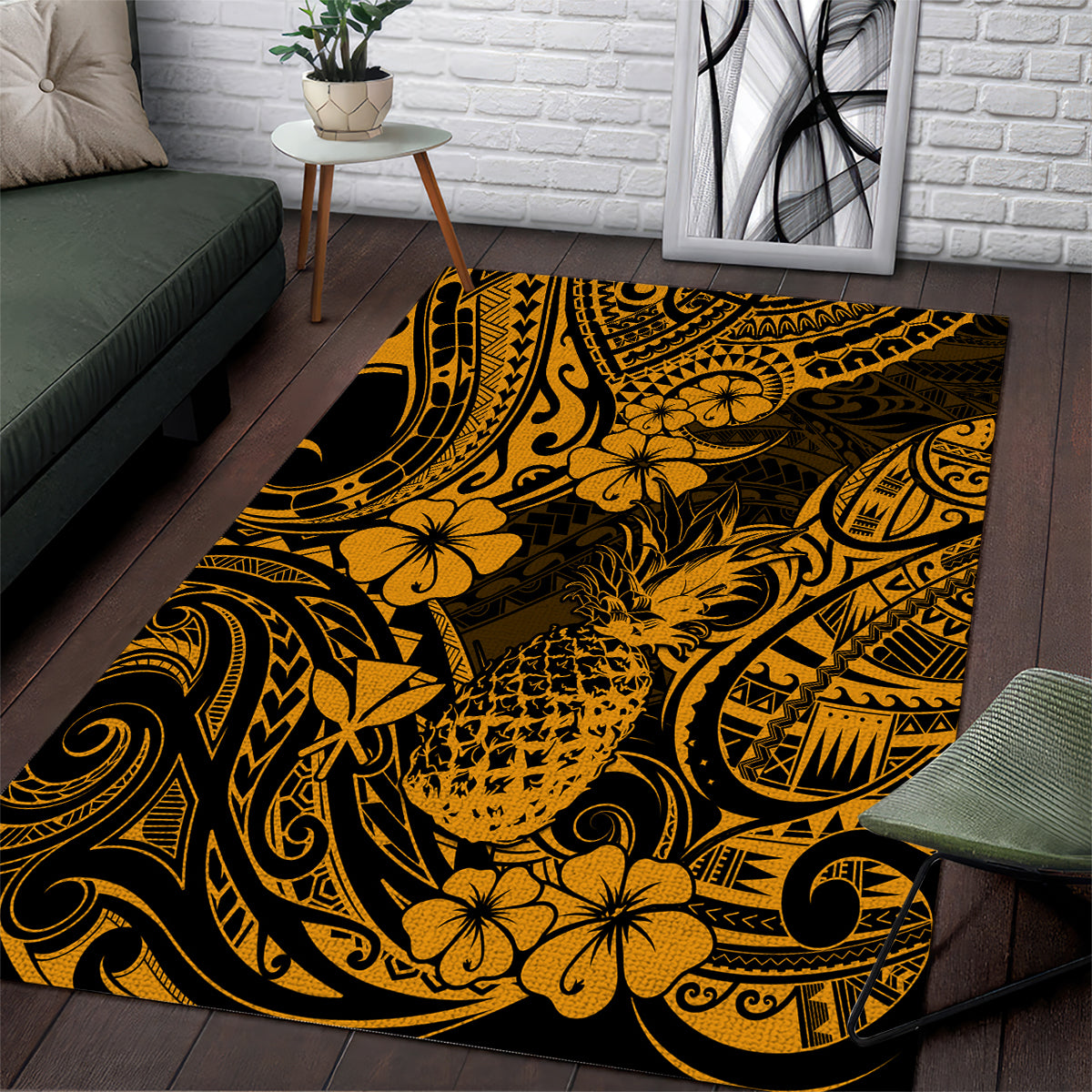 Hawaii Pineapple Area Rug Paradise Flowers Pacific With Gold Polynesian Tribal - Wonder Print Shop