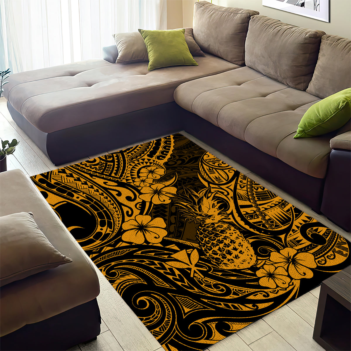 Hawaii Pineapple Area Rug Paradise Flowers Pacific With Gold Polynesian Tribal - Wonder Print Shop