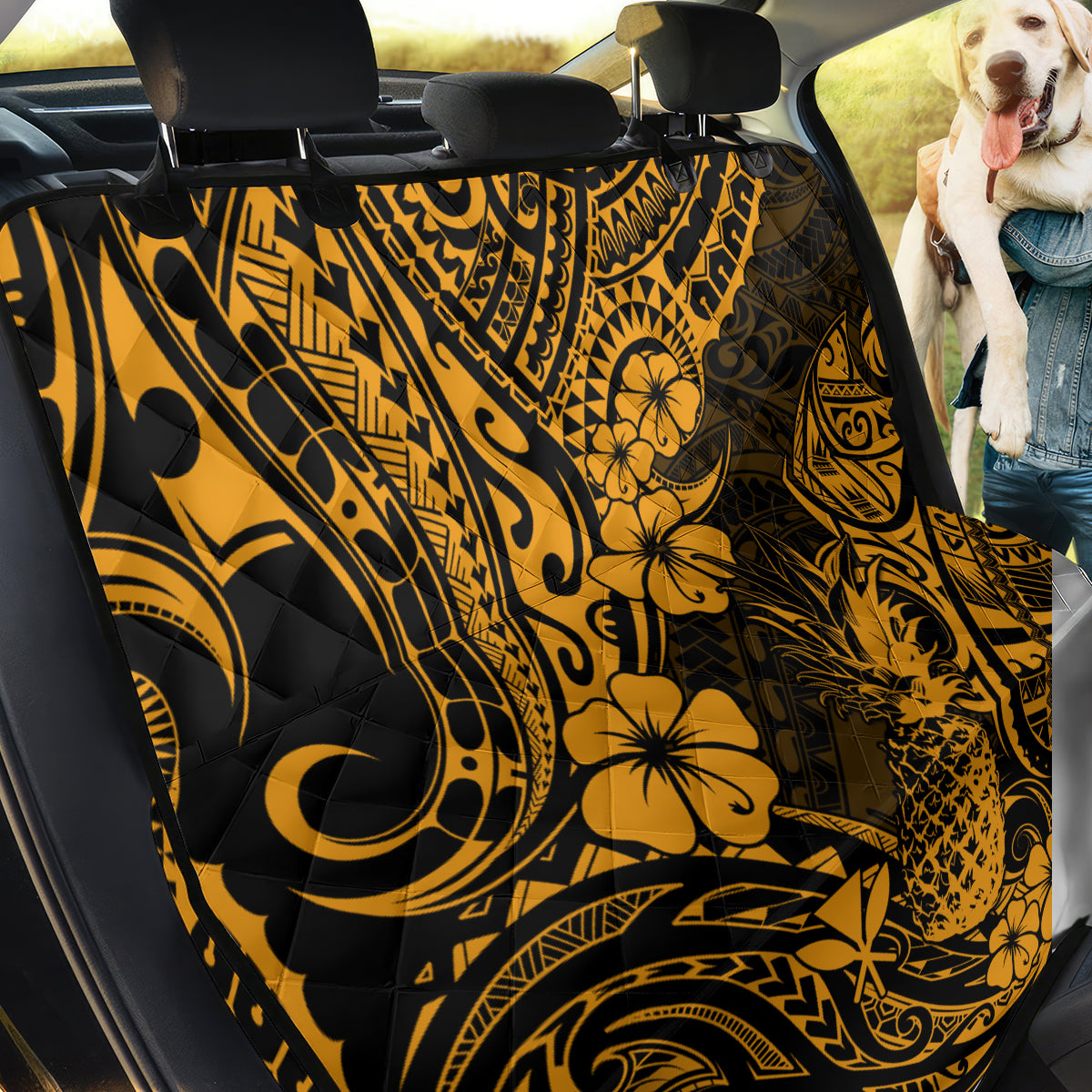 Hawaii Pineapple Back Car Seat Cover Paradise Flowers Pacific With Gold Polynesian Tribal - Wonder Print Shop