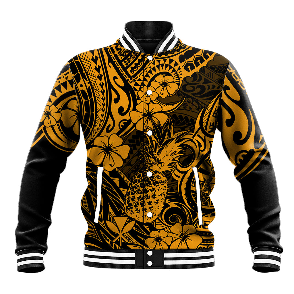Hawaii Pineapple Baseball Jacket Paradise Flowers Pacific With Gold Polynesian Tribal - Wonder Print Shop