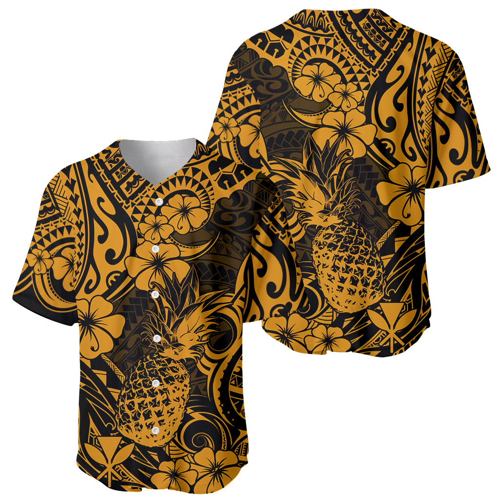 Hawaii Pineapple Baseball Jersey Paradise Flowers Pacific With Gold Polynesian Tribal - Wonder Print Shop