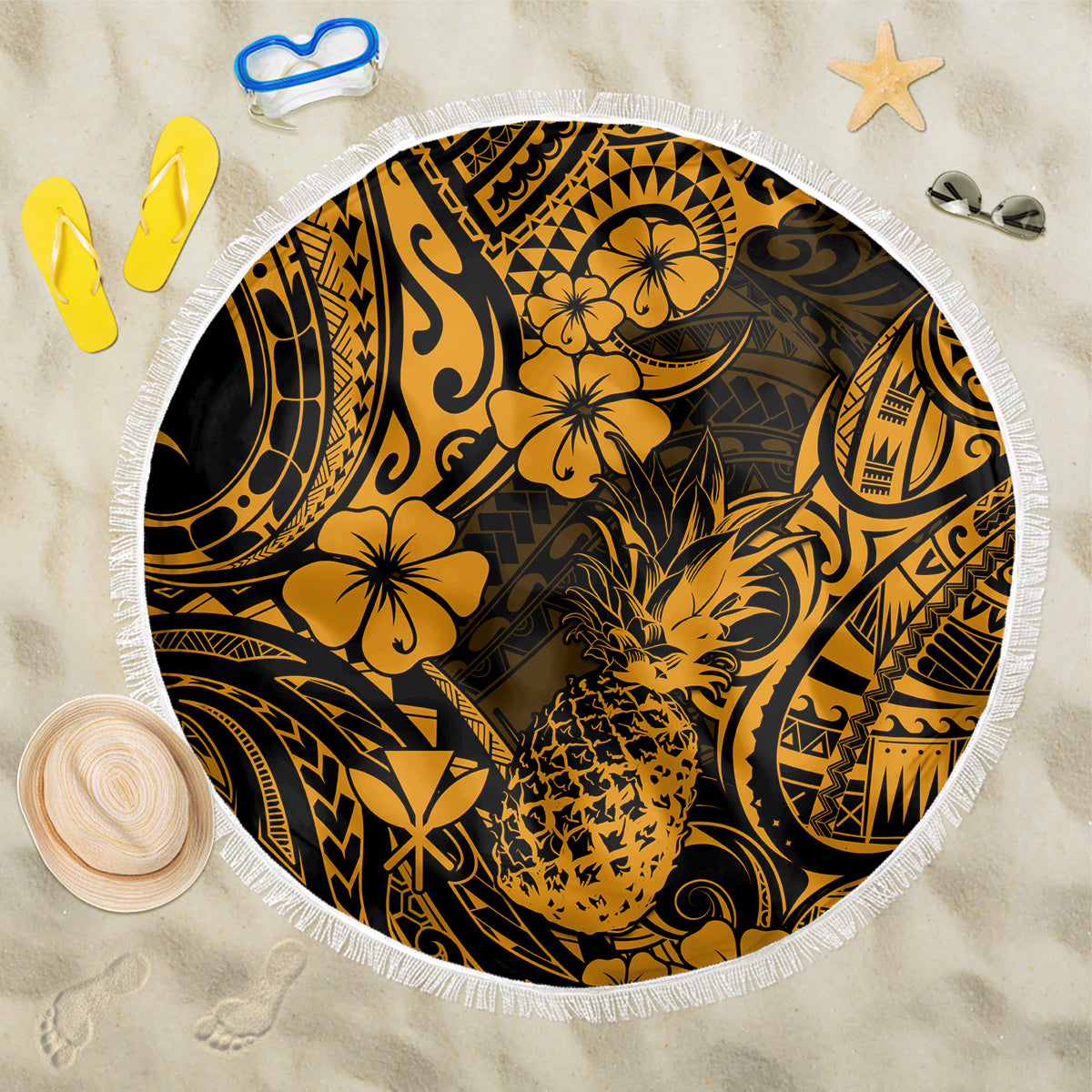 Hawaii Pineapple Beach Blanket Paradise Flowers Pacific With Gold Polynesian Tribal - Wonder Print Shop