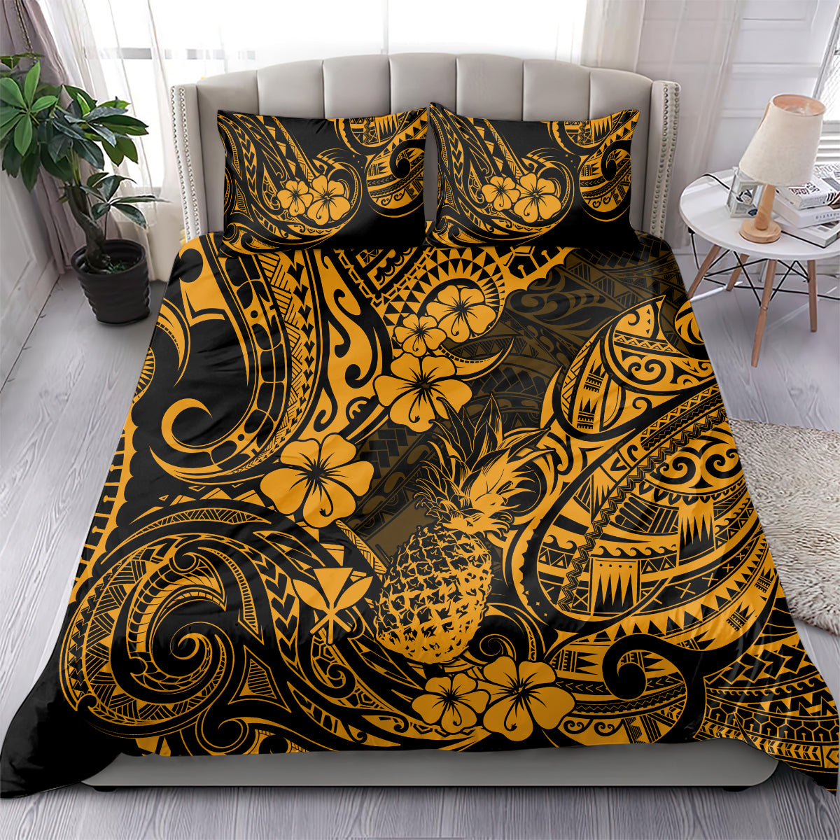 Hawaii Pineapple Bedding Set Paradise Flowers Pacific With Gold Polynesian Tribal - Wonder Print Shop