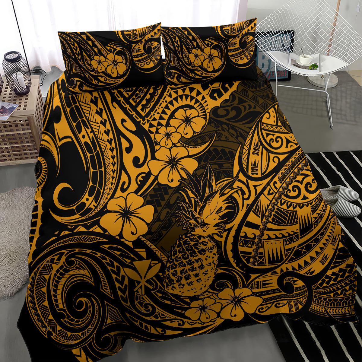 Hawaii Pineapple Bedding Set Paradise Flowers Pacific With Gold Polynesian Tribal - Wonder Print Shop