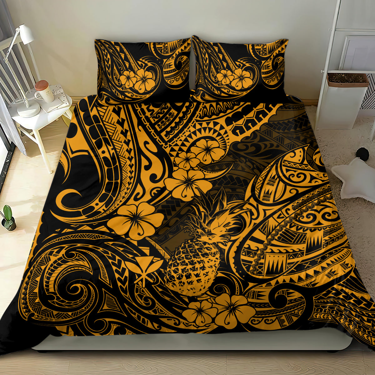 Hawaii Pineapple Bedding Set Paradise Flowers Pacific With Gold Polynesian Tribal - Wonder Print Shop