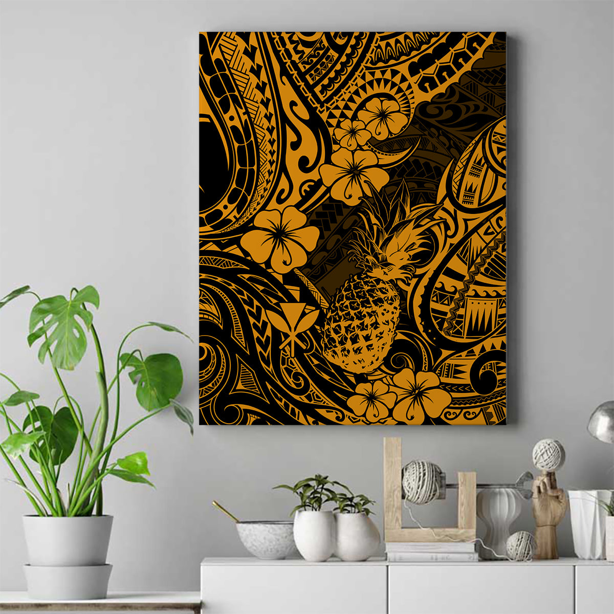Hawaii Pineapple Canvas Wall Art Paradise Flowers Pacific With Gold Polynesian Tribal - Wonder Print Shop