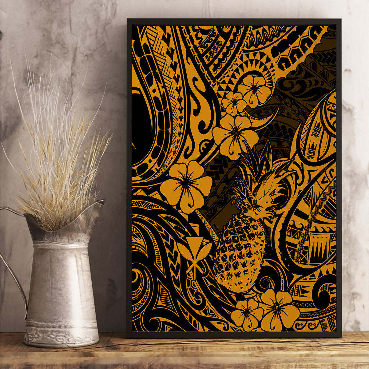Hawaii Pineapple Canvas Wall Art Paradise Flowers Pacific With Gold Polynesian Tribal - Wonder Print Shop