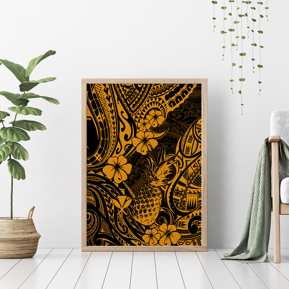Hawaii Pineapple Canvas Wall Art Paradise Flowers Pacific With Gold Polynesian Tribal - Wonder Print Shop