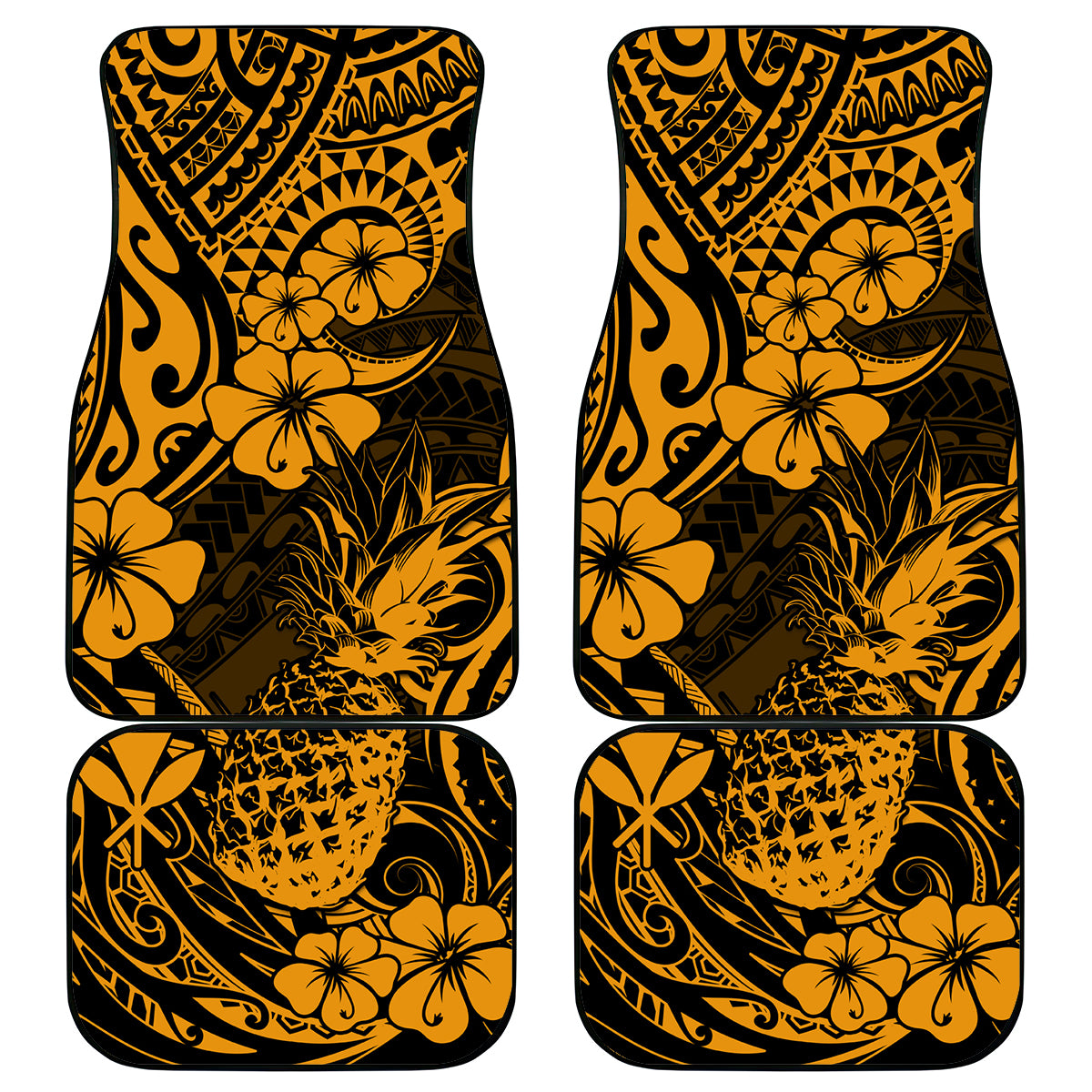 Hawaii Pineapple Car Mats Paradise Flowers Pacific With Gold Polynesian Tribal - Wonder Print Shop